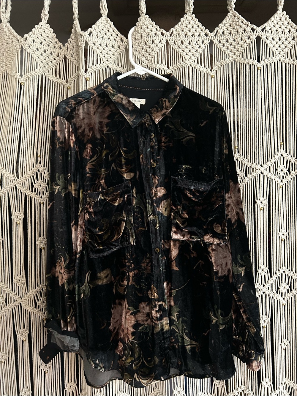 Pilcro Black Velvet Floral Button-Down Shirt